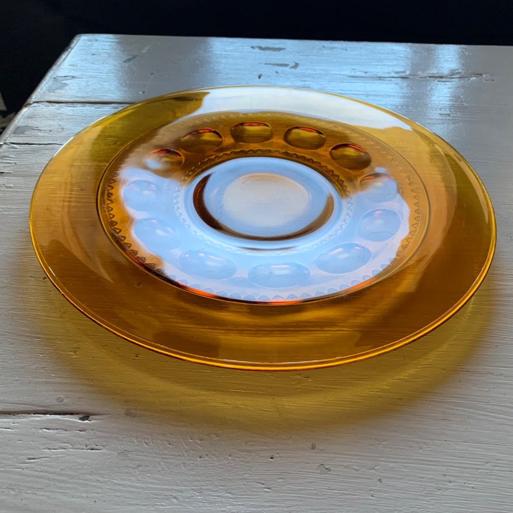 Vintage Indiana Glass – 13" Kings Crown Thumbprint Amber Plate - Picture 14 of 16